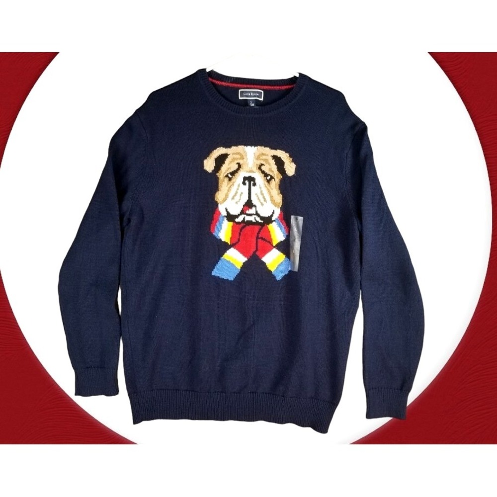 Club Room Pullover Dog Scarf Sweater Size L Blue BullDog Ski Knit Cotton NWT